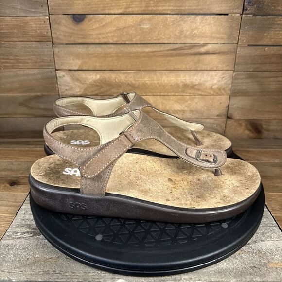 SAS Womens Size 9.5 M Marina Thong Hook & Loop Brown Casual Sandals Strappy - Picture 1 of 10
